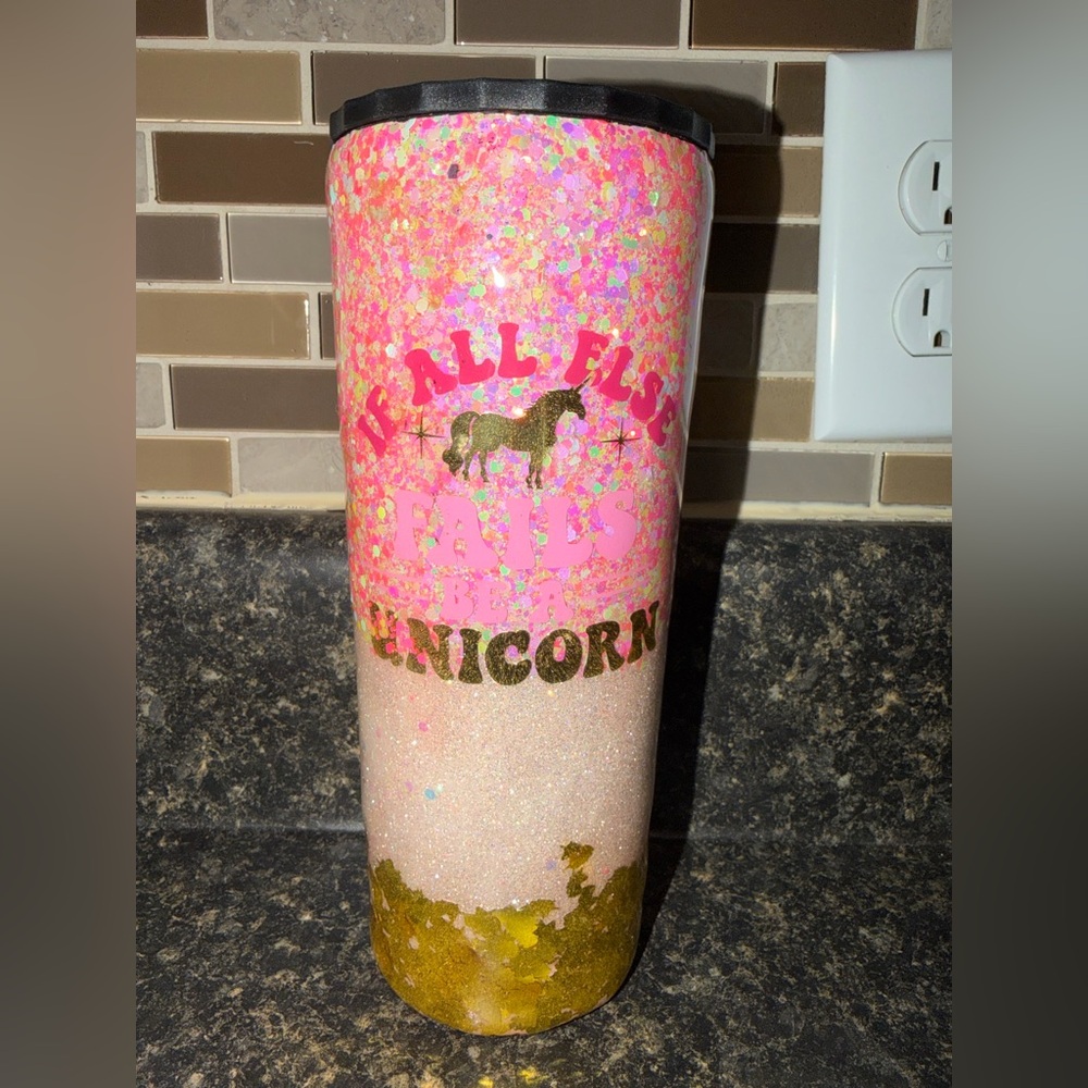 34 Oz Tumbler Twist Lid Straw Tumbler Be A Unicorn Pink Gold Glitter